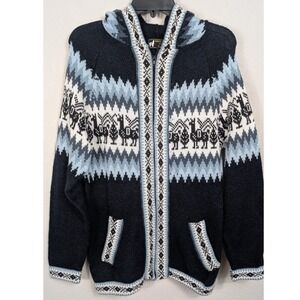 Cusco Alpaca Peru Aztec 100% Alpaca Llama Hooded Blue Zip Front‎ Sweater Medium